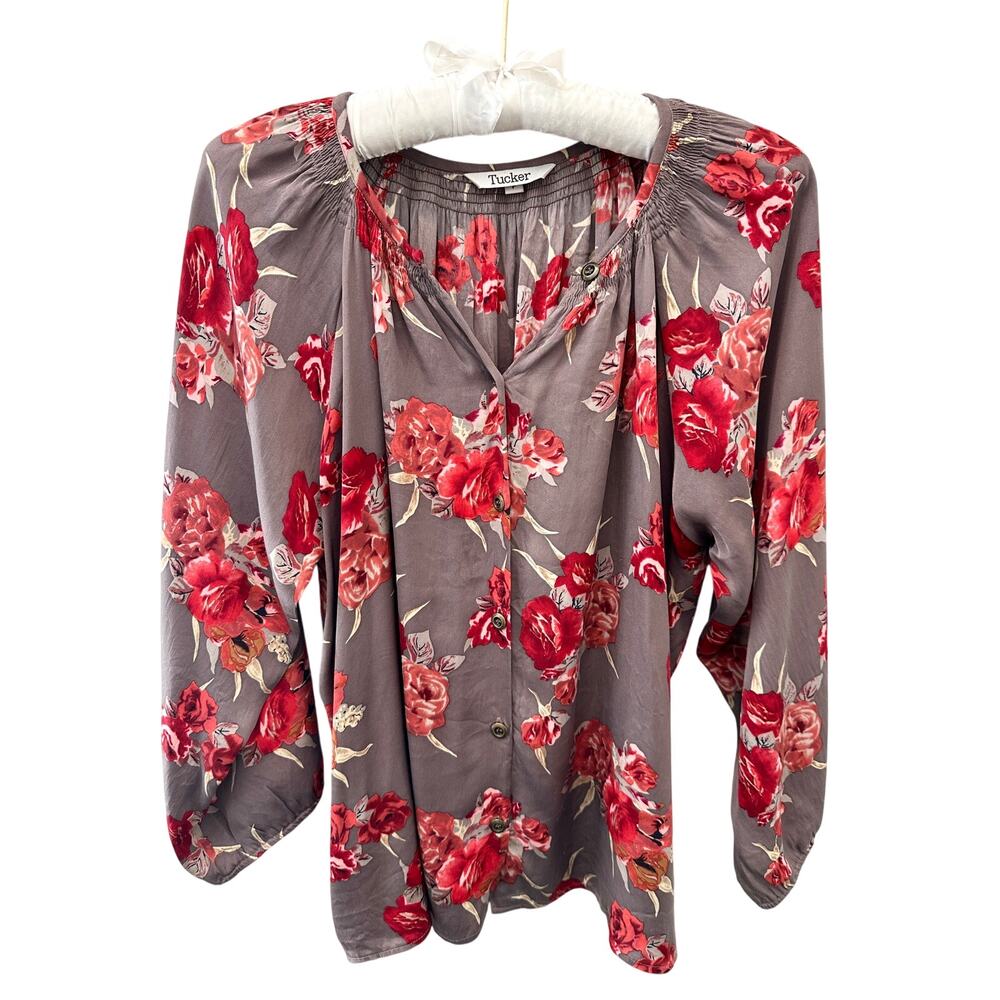 TUCKER Silk Floral Gray Red Rose Print Romantic Blouse Top | Petite